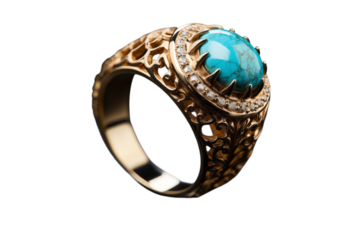 Ornate Gold Ring with Turquoise Gemstone - Jewelry Fashion on transparent background png