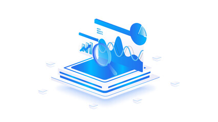 Stock market isometric of financial data analysis dashboard with magnifying glass, market research, and business analytics in blue digital style.