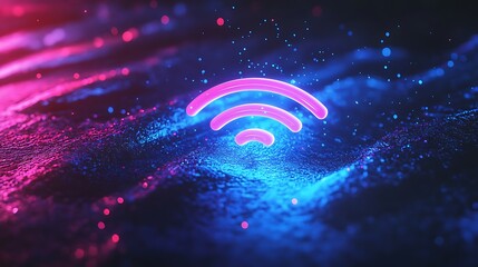 Pink neon wifi symbol glowing on futuristic digital surface  
