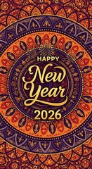 Happy New Year 2026.Happy new year 2026 ornate mandala design with floral elements isolated on transparent background