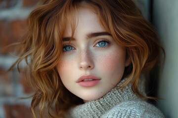 young woman with tousled auburn wavy hair wearing a chunky knit sweater, leaning against a textured brick and plaster wall, cozy contemplative mood