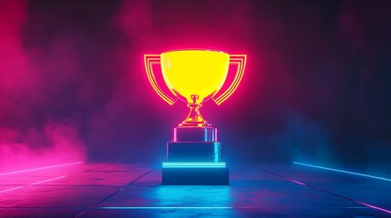 Neon glowing trophy on pedestal with colorful smoke in futuristic scene  
