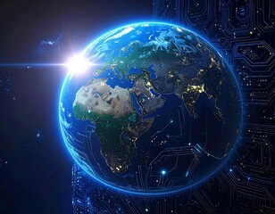 Digital Earth globe overlaid with circuit board. Sun flare illuminates