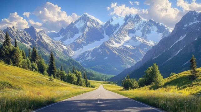 Sunlit paved road stretching into an alpine valley with snow-capped mountains, green meadows, pine trees and wildflowers under a blue sky with fluffy clouds — peaceful and awe-inspiring