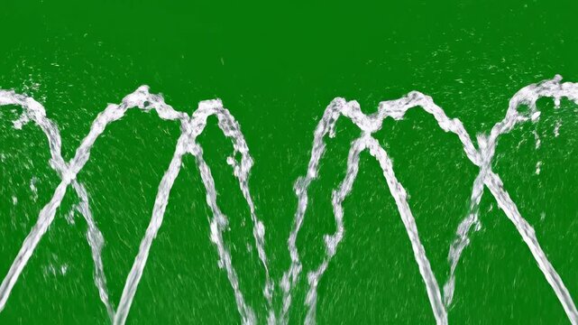 Isolated clear water jet streams rapidly spraying and arcing in a continuous loop against a vibrant green screen background transparent, graphicelement, spray