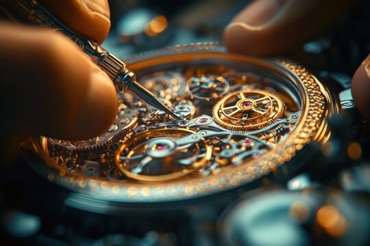 Close up of watchmaker hands assembling intricate mechanical watch movement with golden gears, ruby bearings and tiny screwdriver conveying precision and focused craftsmanship