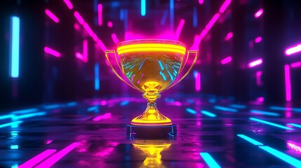 Glowing neon trophy standing in futuristic tunnel with vibrant lights  
