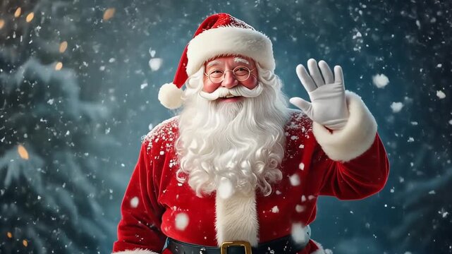 Jolly Santa Claus with a long white beard and red suit waves happily in a snowy winter wonderland.