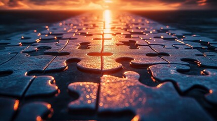 Low angle close-up of glossy wet jigsaw puzzle pieces forming a reflective pathway toward a glowing sunset horizon, evoking calm, wonder and a hopeful journey