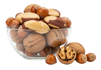 Assortment of nuts in a glass bowl isolated on transparent background walnuts, hazelnuts, and brazil nuts are a healthy and nutritious snack