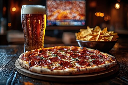 warm inviting pepperoni pizza on a wooden board with a frothy pint of beer and a bowl of chips on a wooden table in a cozy dimly lit pub with a blurred screen in the background