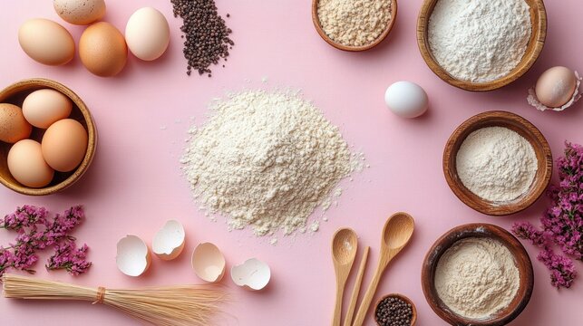 flat lay of baking ingredients on pink background with a central mound of flour, eggs and cracked shells, wooden bowls and spoons, pasta bundle, oats, seeds and pink flowers, cozy inviting mood