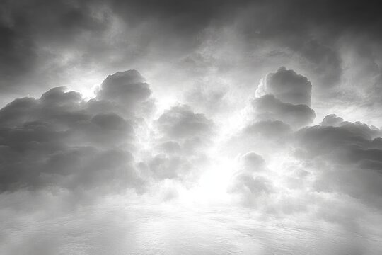 dramatic backlit storm clouds towering over a calm reflective water surface, moody and ethereal atmosphere