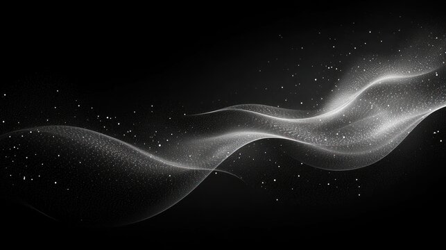 Ethereal white particle ribbon flowing across a black background, graceful luminous waves conveying calm mystery