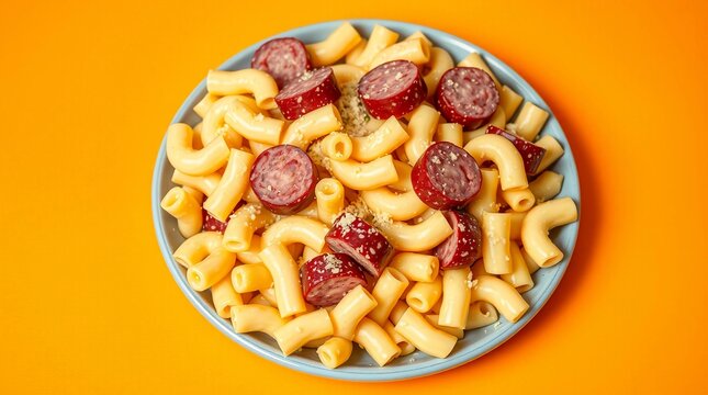 Creamy macaroni combined with sausage pieces on bright tangerine backdrop warm layers subtle glow smooth appearance centered on rich flavor and comforting feel
