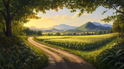 Peaceful countryside landscape with winding dirt path and distant mountain view  
