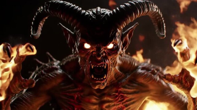 Demonic figure with horns, glowing eyes, and sharp fangs emerges from flames with outstretched, clawed hands