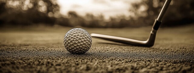 Close-up of golf ball on short grass with iron club poised behind it, sepia tones conveying calm focus and anticipation