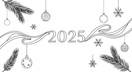 2025 New Year Vector Line Art Illustration with Festive Ornaments
