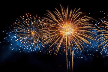 golden and blue fireworks bursting in a dark night sky with sparkling trails and glowing smoke, festive and awe-inspiring celebration