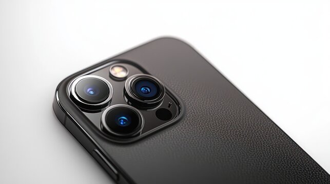 Close-up of premium black smartphone rear triple camera module on textured leather back, sleek modern design conveying luxury and high-tech precision