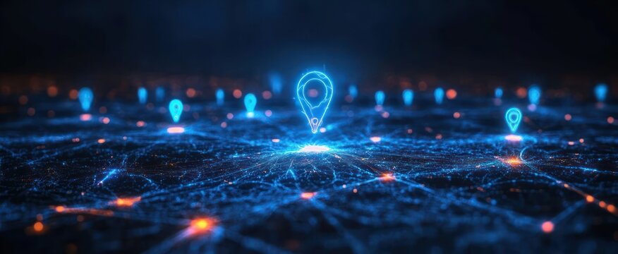 glowing neon map with blue location pins and orange nodes over a digital network grid conveying futuristic connectivity and navigation