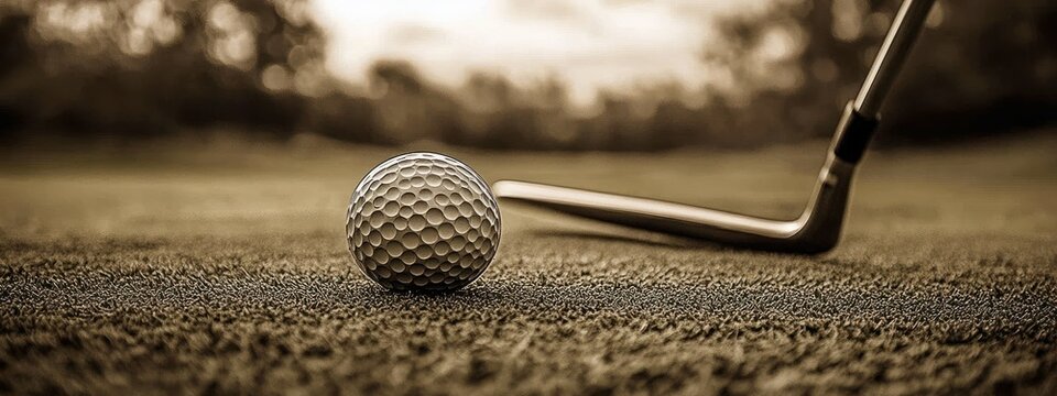 Close-up of golf ball on short grass with iron club poised behind it, sepia tones conveying calm focus and anticipation