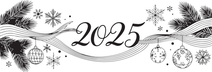 2025 New Year Vector Design with Ornaments and Snowflakes