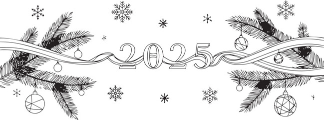 Elegant 2025 New Year Card with Ornaments and Pine Branches Outline