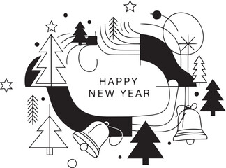 Minimalist Happy New Year Illustration with Trees and Bells