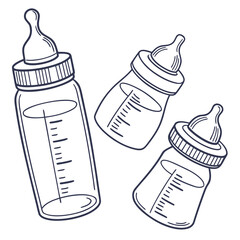 Three baby bottles are shown in this vector illustration, perfect for baby shower invitations or announcements isolated on