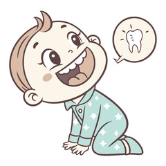 A cheerful cartoon illustration of a baby with a thought bubble showing a tooth, isolated on, representing dental care and early development