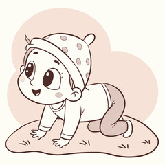 A charming cartoon baby is depicted crawling on a grassy surface, wearing a polkadotted hat and a sweet smile, set against a soft, neutral backdrop