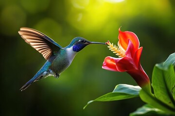 Fototapeta premium iridescent hummingbird hovering to sip nectar from a vibrant red tropical flower amid soft green bokeh, a serene and delicate moment of nature