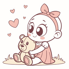 A heartwarming illustration of a sweet baby girl hugging her teddy bear amidst floating hearts, isolated on, conveying love and comfort