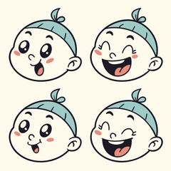 Illustration of four baby faces with different expressions isolated on, showcasing a variety of emotions and moods in a cute and simple style