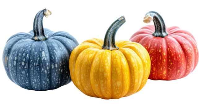 Three pumpkins blue yellow red isolated on a transparent background - Powered by Adobe