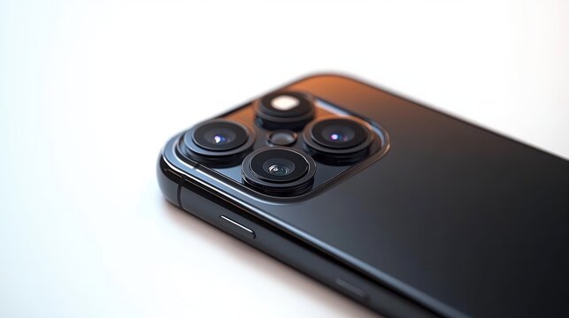 glossy black smartphone corner with triple camera lenses, flash, metallic frame and side button, sleek modern design conveying precision and sophistication