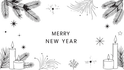 Elegant minimalist Merry New Year design with candles, pine branches, and star elements. Linear design
