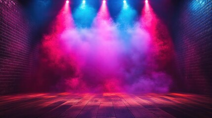 Empty wooden stage with brick side walls under blue and pink spotlights and smoky purple haze, dramatic vibrant atmosphere