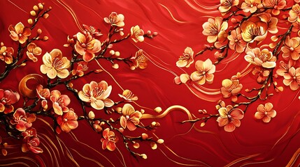 Elegant red floral illustration with golden blossoms and decorative branches  
