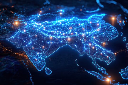 Glowing digital map of South and East Asia with interconnected blue light networks and bright orange hubs, evoking futuristic connectivity and dynamic energy