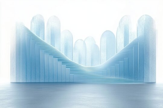 serene minimalist architectural composition with flowing curved staircase, translucent rounded arches, and reflective floor in soft blue light