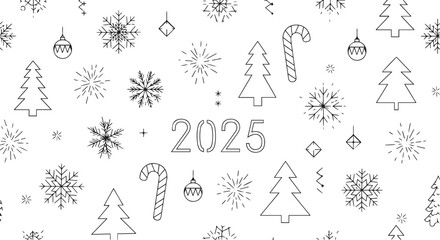 2025 New Year Seamless Pattern with Outline Christmas Elements