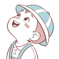 Charming baby boy looking up with a cheerful expression, wearing a stylish hat, isolated on a delightful and heartwarming illustration