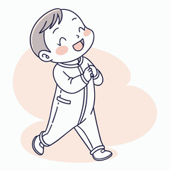 A cheerful baby in a white onesie is walking with his hands clasped together, isolated on he is smiling and looking up