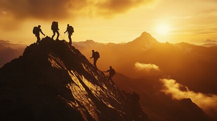 Hikers climbing rocky mountain ridge during golden hour adventure  
