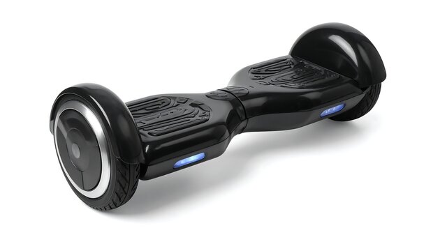 Sleek, black self-balancing personal transporter with rounded ends and textured footpads. Features glowing blue accent lights