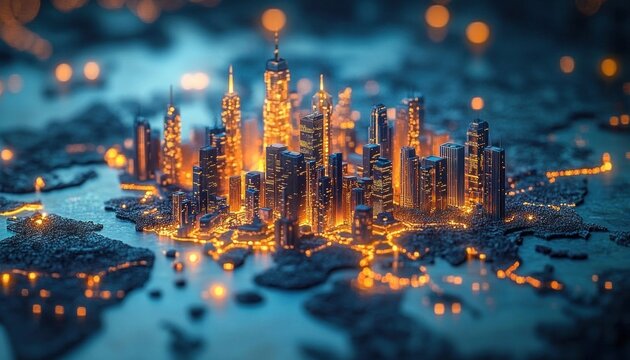 miniature futuristic skyline of glowing skyscrapers on a map-like archipelago at night with warm orange lights and cool blue surroundings, evoking wonder and energy