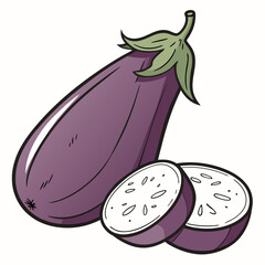 An eggplant with two slices, isolated on a simple illustration for culinary or dietary themes, showcasing the vegetable and its cut form